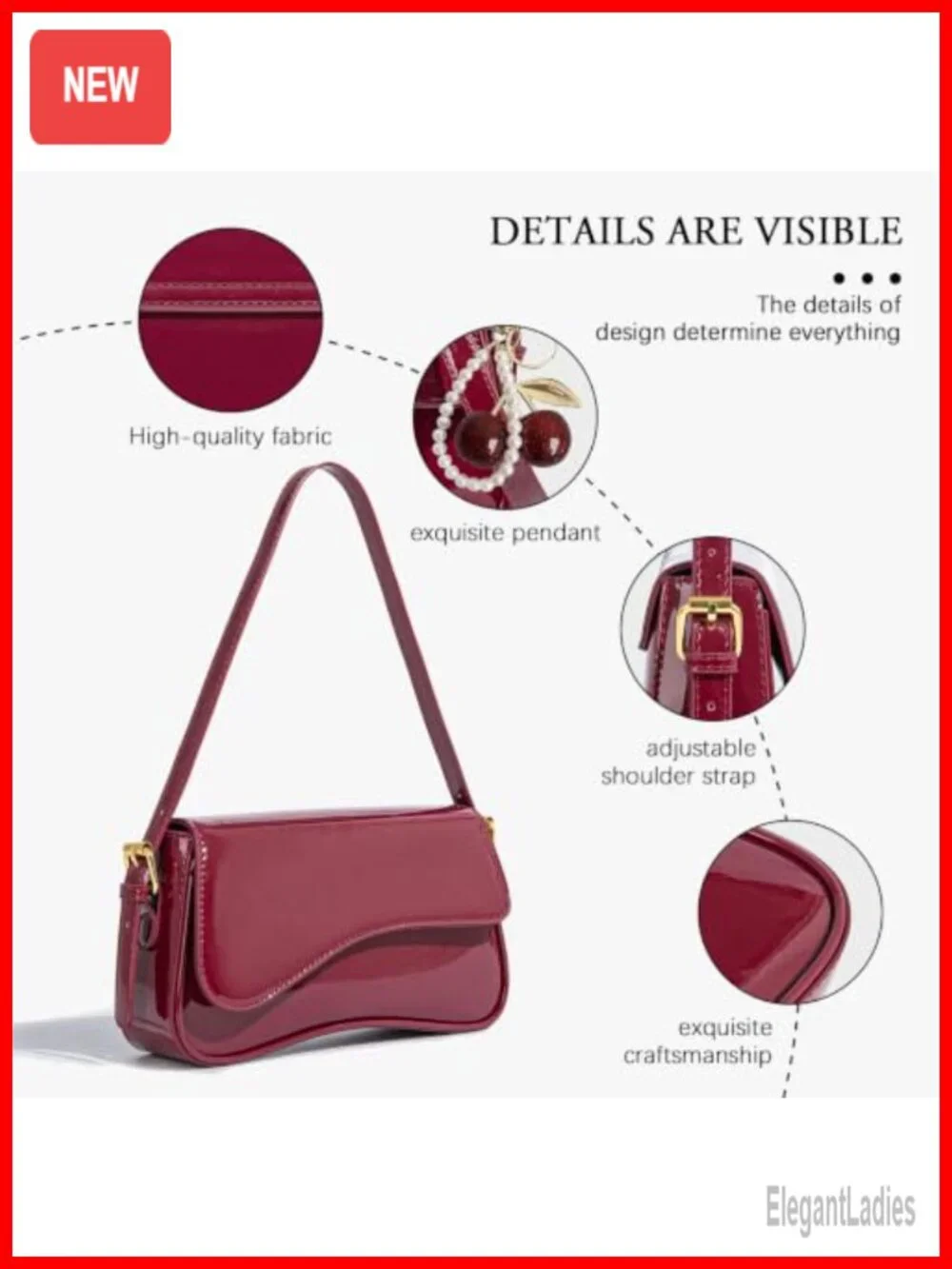 Hobo Shoulder Bag with Cherry Pendant Crossbody PU Leather Purse